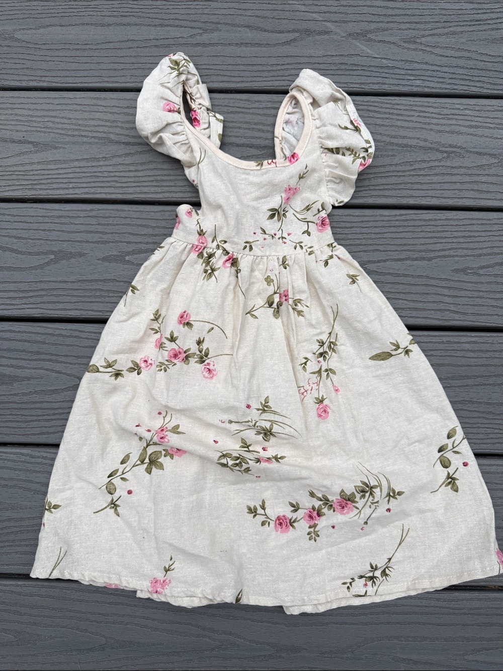Girls Floral Puff-Sleeve Dress in Ivory and Pink